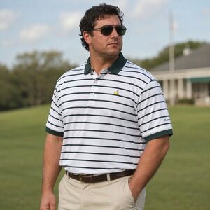 VTG Masters Collection Polo Mens XL White Green Stripe Golf Shirt Augusta Cotton